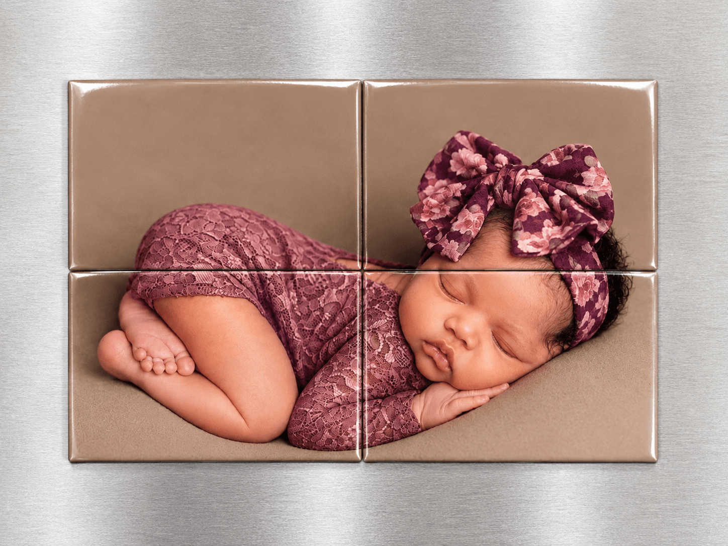A puzzle photo magnet of a baby sleeping in a set of 4 