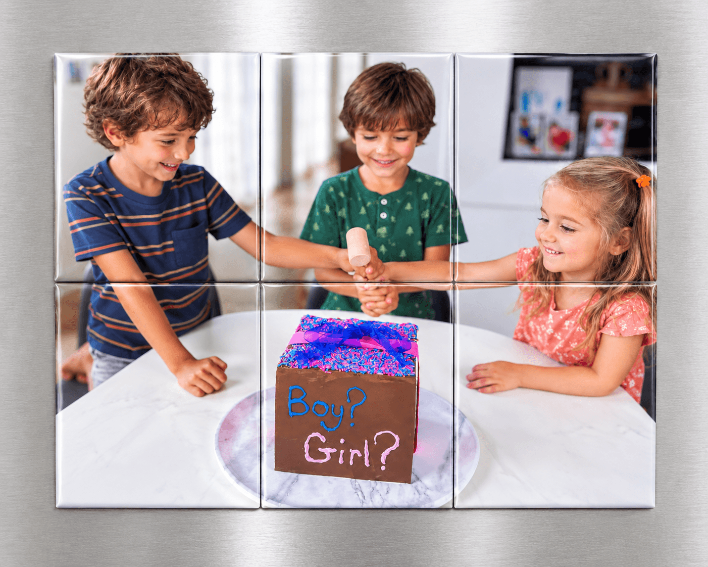 A puzzle magnet of kids at a birthday party 