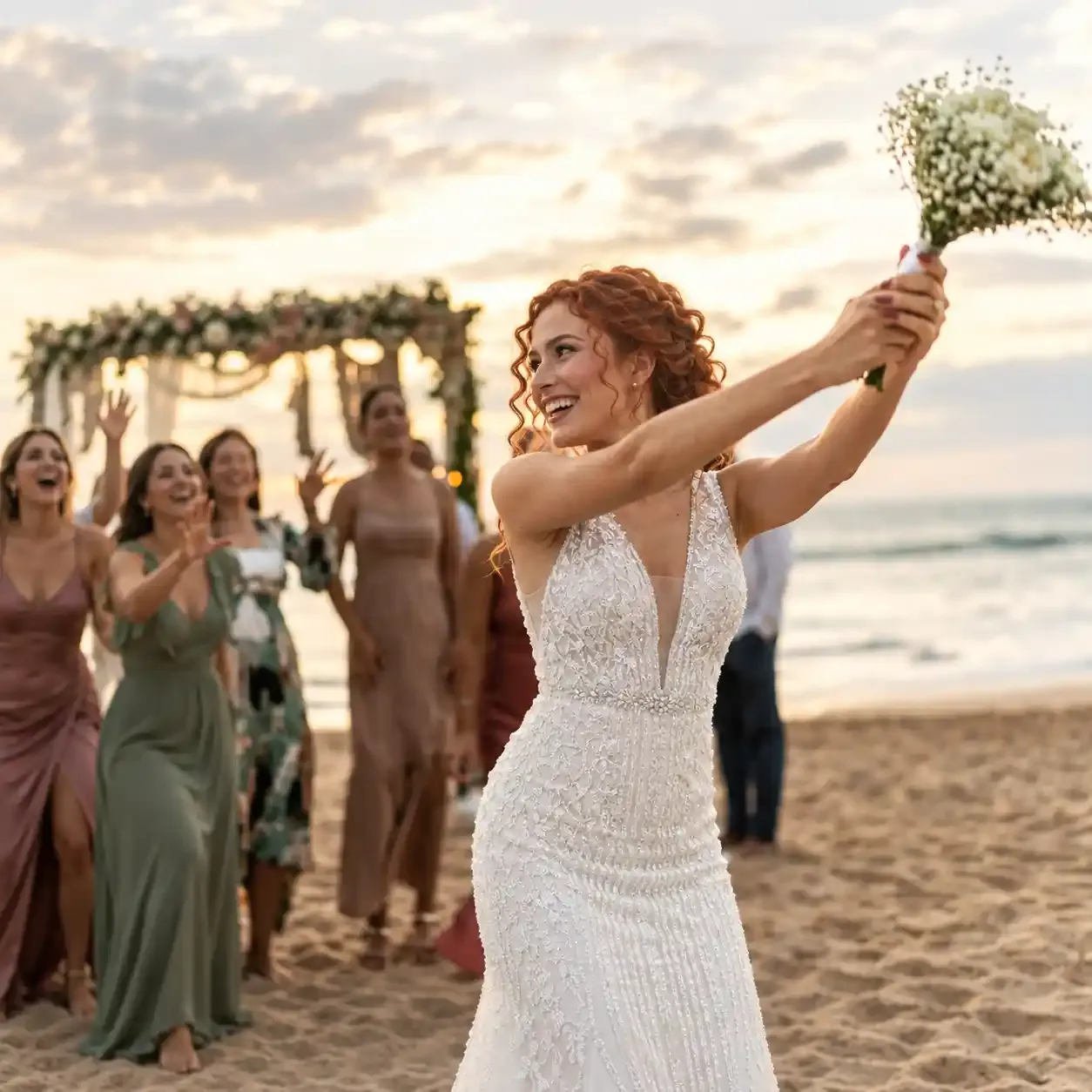 a bride throwing bouque